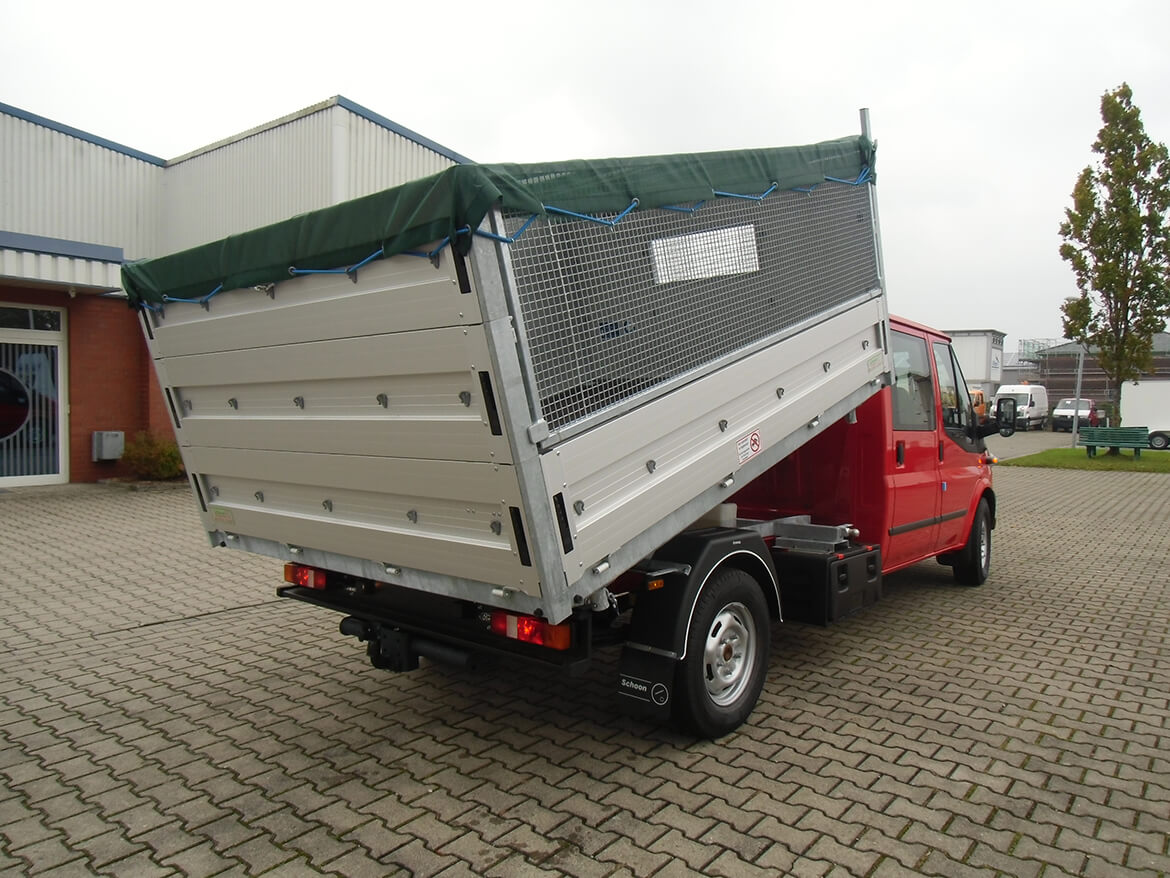 Ford Transit mit Schoon Kipper, 3 mal abklappbare Bordwänd, rechts Laubgitteraufsatz, Planen Dach (2)