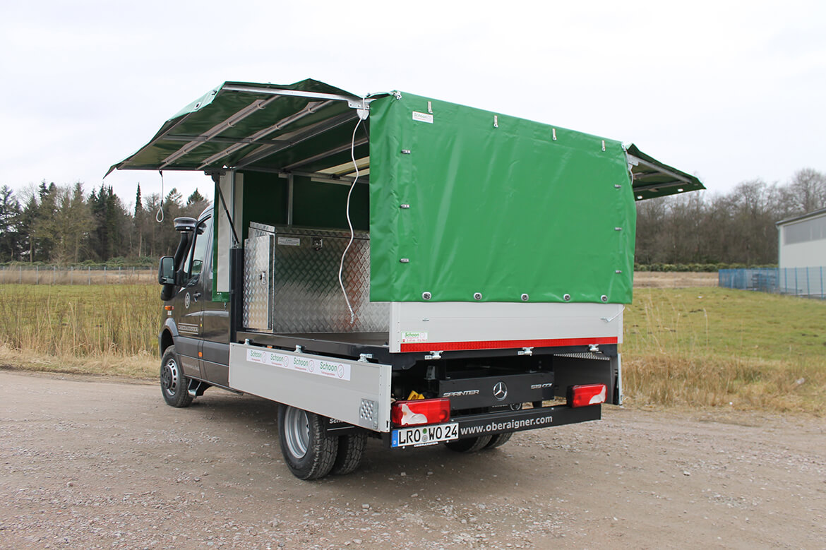 Sprinter mit Schoon Planenaufbau, FSK Kran, Werkzeugkiste