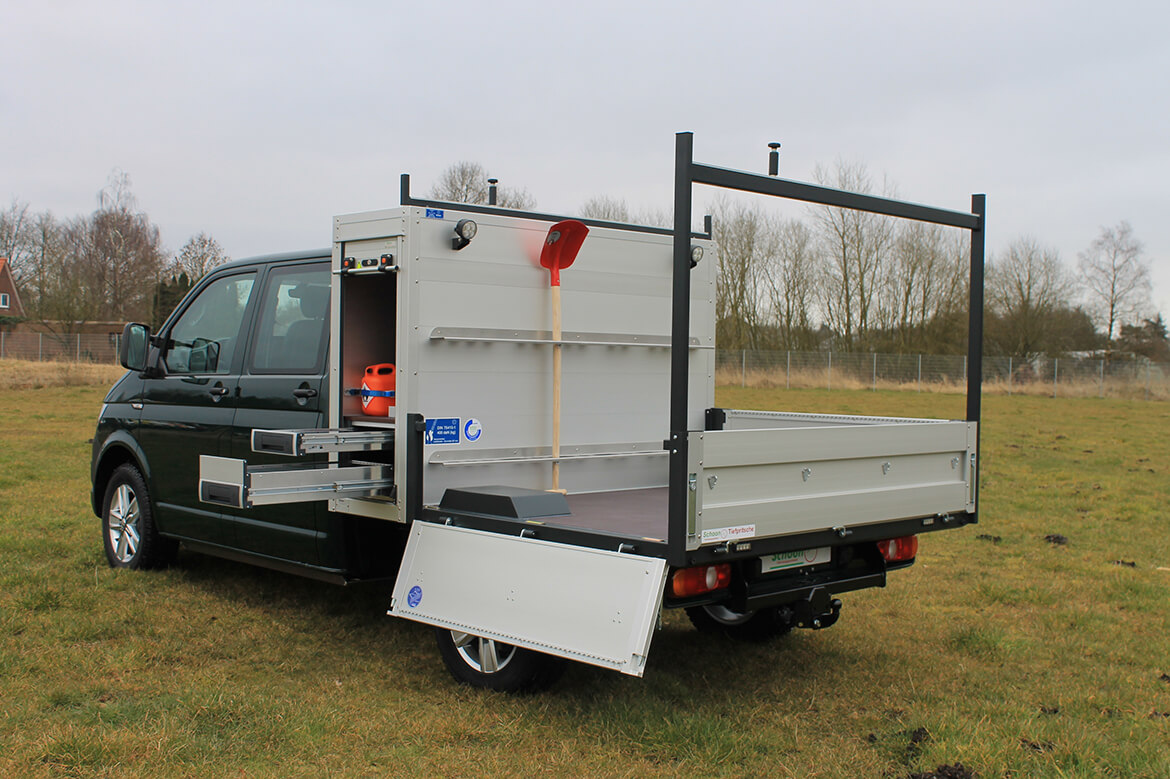 Volkswagen Nutzfahrzeuge Tranporter mit Schoon Tiefpritsche, Werkzeug und Gerätekasten, Heckauflagegestell, Schaufelhalter